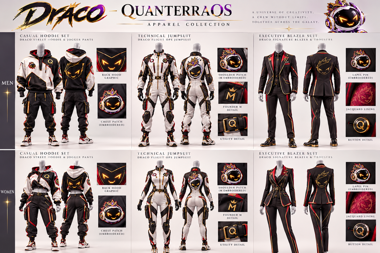 Draco men's and women's Street Set and Flight Set apparel design board