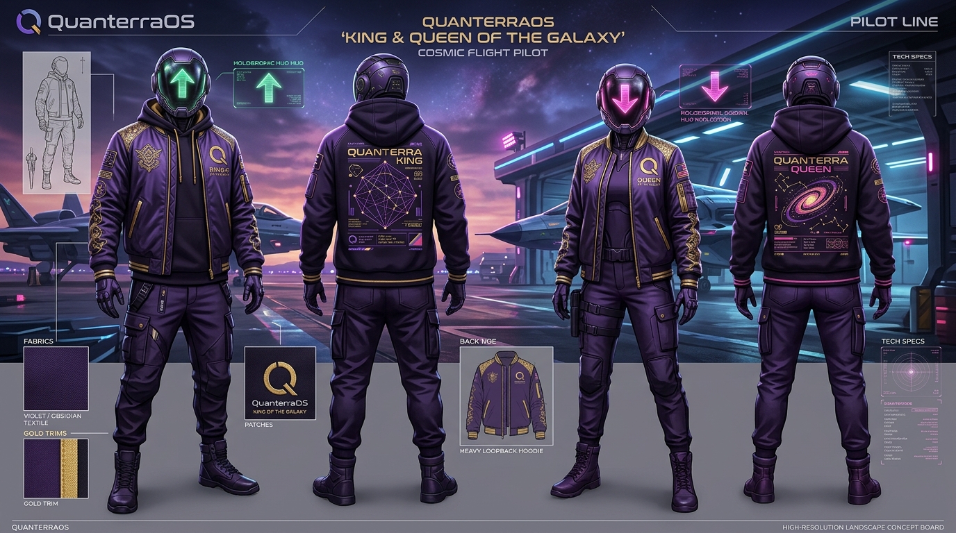 Quanta & Quantana — King & Queen of the Galaxy men's and women's Street Set and Flight Set apparel design board
